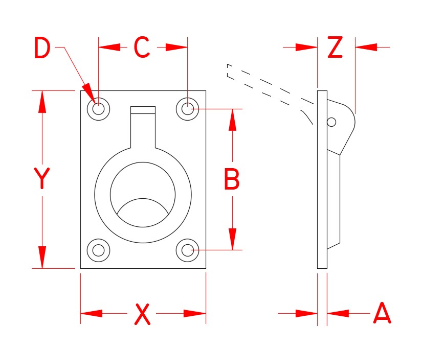 Stainless Steel Heavy Duty Flush Lift Ring, S3851-0000, S3851-0001, Line Drawing